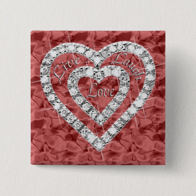 Bóton Quadrado 5.08cm Red Square Live Laugh Love Diamond Heart Button (Frente)