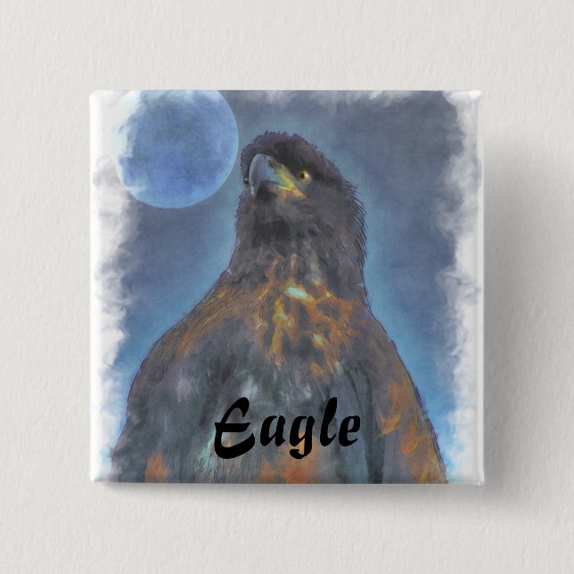 Bóton Quadrado 5.08cm Regal Young Bald Eagle e pintura de Lua (Frente)