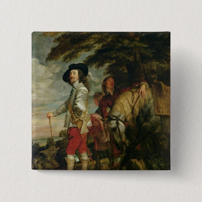 Bóton Quadrado 5.08cm Rei Charles Eu de Inglaterra que caça para fora, (Frente)