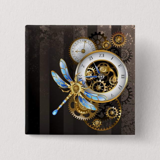 Bóton Quadrado 5.08cm Relógio Steampunk com Dragonfly Mecânica (Frente)