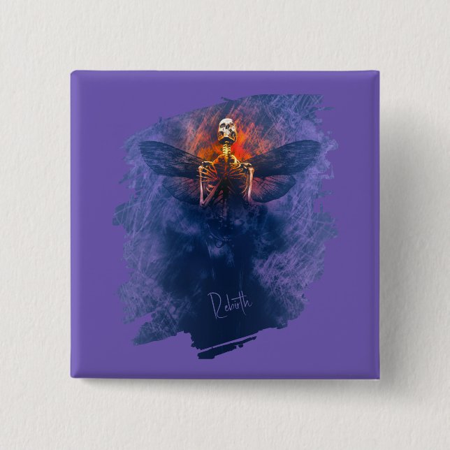 Bóton Quadrado 5.08cm Renascimento. Esqueleto com asas ascensões (Frente)