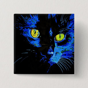Bóton Quadrado 5.08cm Retrato Artístico De Gato Negro Com Amarelo Em Gre
