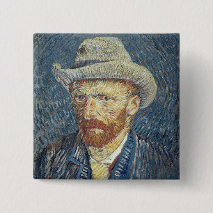 Bóton Quadrado 5.08cm Retrato de auto de Vincent van Gogh   com chapéu