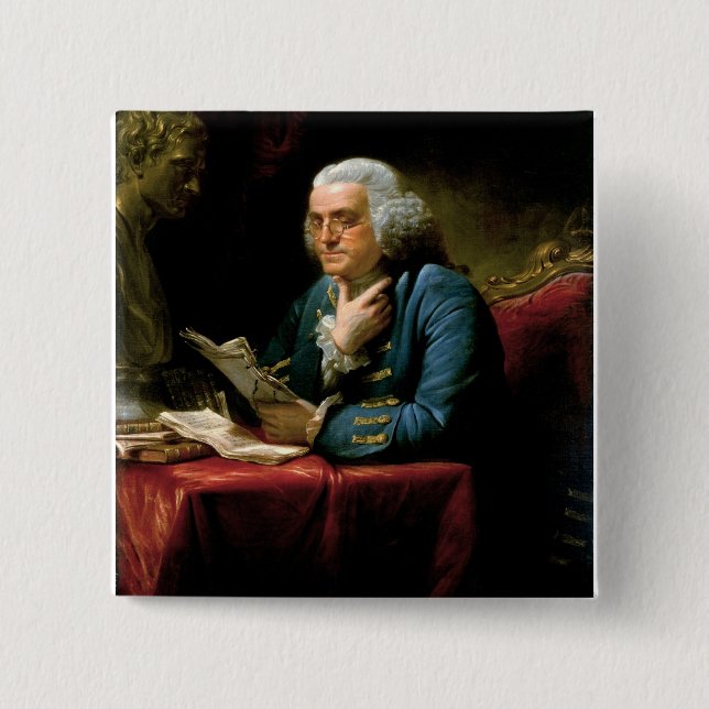 Bóton Quadrado 5.08cm Retrato de Benjamin Franklin (Frente)