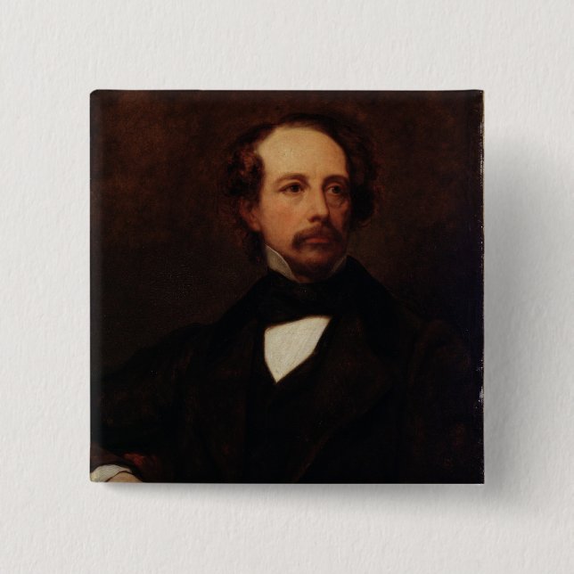 Bóton Quadrado 5.08cm Retrato de Charles Dickens 1855 (Frente)