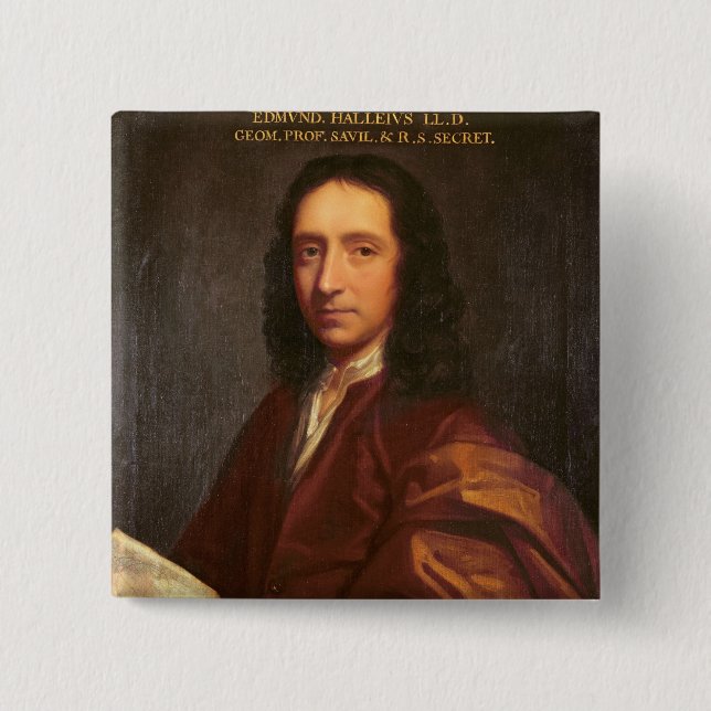 Bóton Quadrado 5.08cm Retrato de Edmond Halley, c.1687 (Frente)