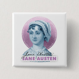 Bóton Quadrado 5.08cm Retrato e assinatura de Jane Austen rosa