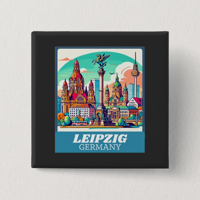 Bóton Quadrado 5.08cm Retro Leipzig Skyline (Frente)