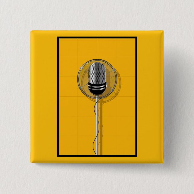 Bóton Quadrado 5.08cm Retro Microphone on Bold Yellow (Frente)