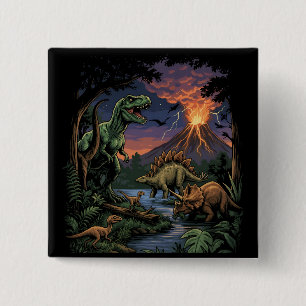 Bóton Quadrado 5.08cm Rex e Triceratops Dinossauros Jurássicos Vintage