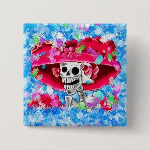 Bóton Quadrado 5.08cm Rindo de Mulher Esqueleta em Red Bonnet