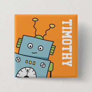 Bóton Quadrado 5.08cm Robô azul bonito com nome personalizado