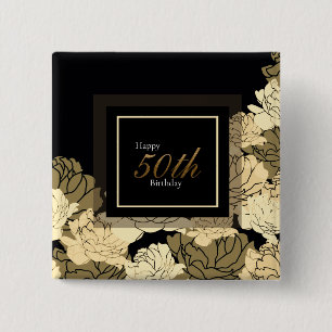 Bóton Quadrado 5.08cm rosa de aniversário de 50 anos Dourado, bronzeado