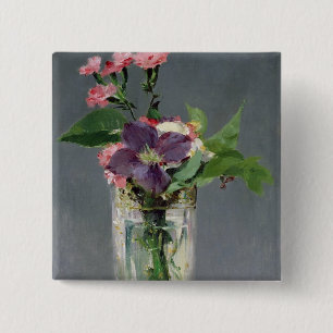 Bóton Quadrado 5.08cm Rosa de Manet e Clematis em um vaso de cristal,