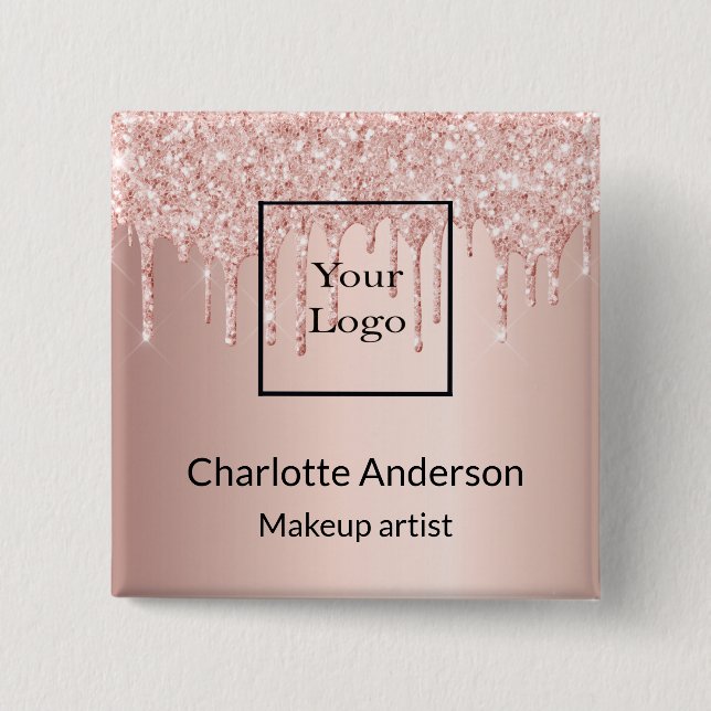 Bóton Quadrado 5.08cm Rosa dourado glitter salão de negócios nome de eti (Frente)