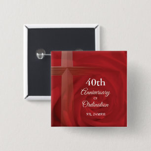 Bóton Quadrado 5.08cm Rosa vermelha de Ordenação de Aniversário do Padre