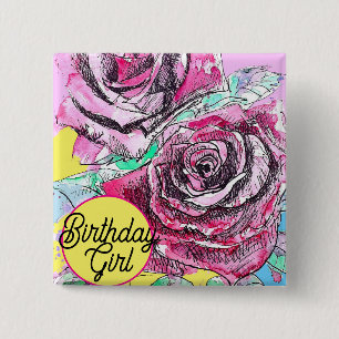 Bóton Quadrado 5.08cm Rosa vermelha Flor Aquarela Cor-de-Água Cor Colori