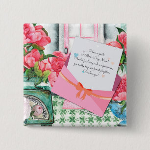 Bóton Quadrado 5.08cm rosa vermelha Floral - Dia de as mães de envelope