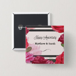 Bóton Quadrado 5.08cm Rosas de Aniversário de Casamento, Listras, Nomes 