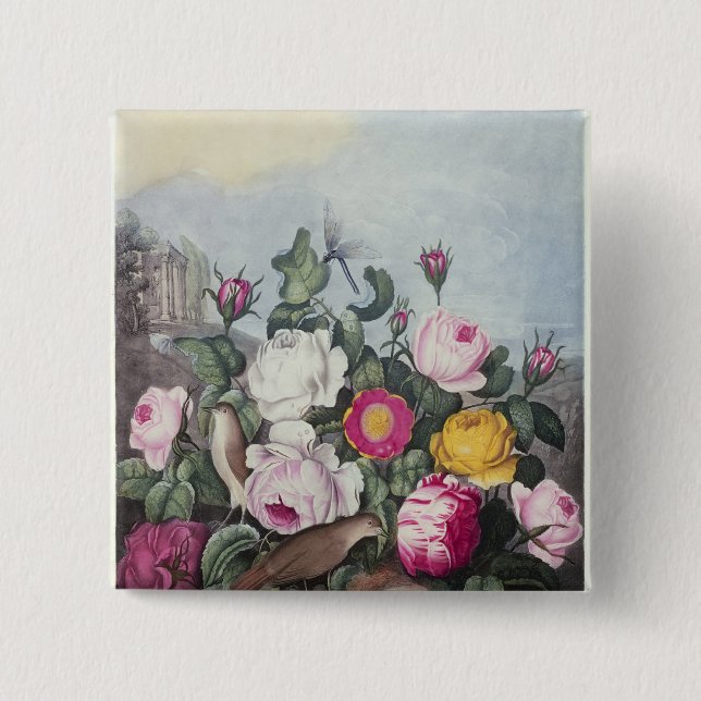 Bóton Quadrado 5.08cm Rosas, 'do templo de Flora (Frente)
