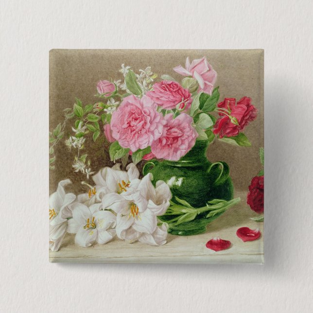 Bóton Quadrado 5.08cm Rosas e lírios (Frente)