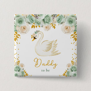 Bóton Quadrado 5.08cm Rosas Verde Sálvia e Dourado Cisne Futuro Papai