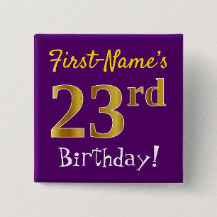 Bóton Quadrado 5.08cm Roxo, Dourado Falso Aniversário de 23 anos, Com No