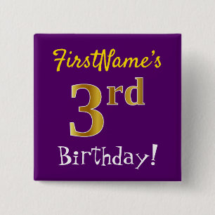 Bóton Quadrado 5.08cm Roxo, Dourado Falso Aniversário de 3 anos, Com Nom