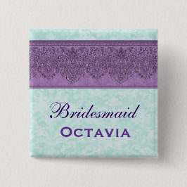 Bóton Quadrado 5.08cm Roxo e dama de honra do damasco do Aqua