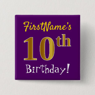 Bóton Quadrado 5.08cm Roxo, Faux Dourado 10º Aniversário, Com Nome Perso