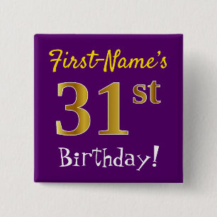 Bóton Quadrado 5.08cm Roxo, Faux Dourado 31º Aniversário, Com Nome Per