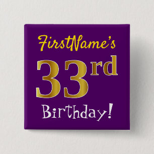 Bóton Quadrado 5.08cm Roxo, Faux Dourado 33º Aniversário, Com Nome Perso