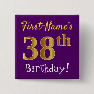 Bóton Quadrado 5.08cm Roxo, Faux Dourado 38º Aniversário, Com Nome Per