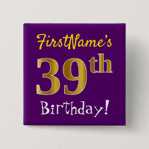 Bóton Quadrado 5.08cm Roxo, Faux Dourado 39º Aniversário, Com Nome Per