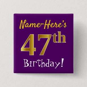 Bóton Quadrado 5.08cm Roxo, Faux Dourado 47º Aniversário, Com Nome Per