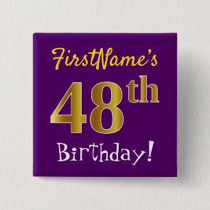 Bóton Quadrado 5.08cm Roxo, Faux Dourado 48º Aniversário, Com Nome Per
