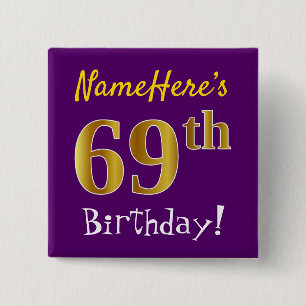 Bóton Quadrado 5.08cm Roxo, Faux Dourado 69º Aniversário, Com Nome Perso