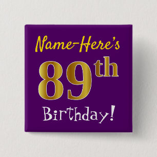 Bóton Quadrado 5.08cm Roxo, Faux Dourado 89º Aniversário, Com Nome Perso