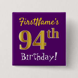 Bóton Quadrado 5.08cm Roxo, Faux Dourado 94.º Aniversário, Com Nome Pers