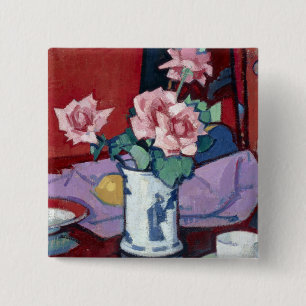 Bóton Quadrado 5.08cm Samuel John Peploe Rosas Rosa, Vaso Chinês