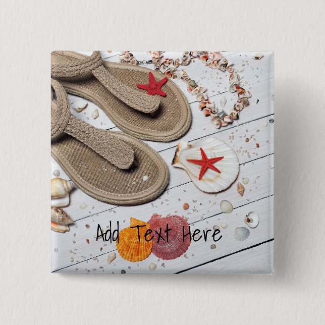 Bóton Quadrado 5.08cm Sandálias, conchas e Starfish na praia (Frente)