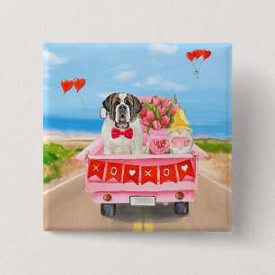 Bóton Quadrado 5.08cm Santo Bernard Dog Dia de os namorados Truck Hearts