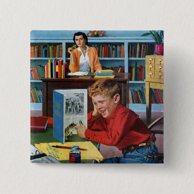 Bóton Quadrado 5.08cm Sapo na biblioteca (Frente)