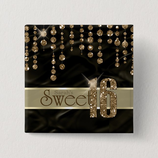 Bóton Quadrado 5.08cm Satin Jewel Sweet, 16 Black Dourado ID260 (Frente)