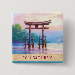 Bóton Quadrado 5.08cm Satta Miyajima Torii e Sailboat arte japonesa