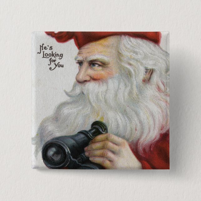 Bóton Quadrado 5.08cm Saudação de NatalPapai Noel com Binoculares (Frente)
