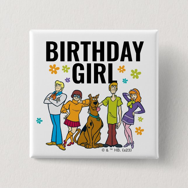 Bóton Quadrado 5.08cm Scooby-Doo e Gang Birthday Girl (Frente)
