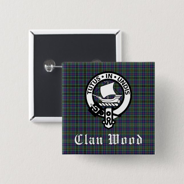 Bóton Quadrado 5.08cm Scottish Clan Wood Crest & Tartan (Frente & Verso)