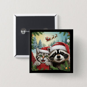Bóton Quadrado 5.08cm Selfie de Gato Com Trenó de Papai Noel Mapache Est
