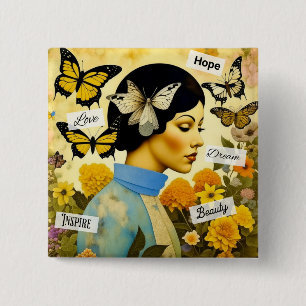 Bóton Quadrado 5.08cm Senhora das Vintagens, Borboletas, Flores e Inspir